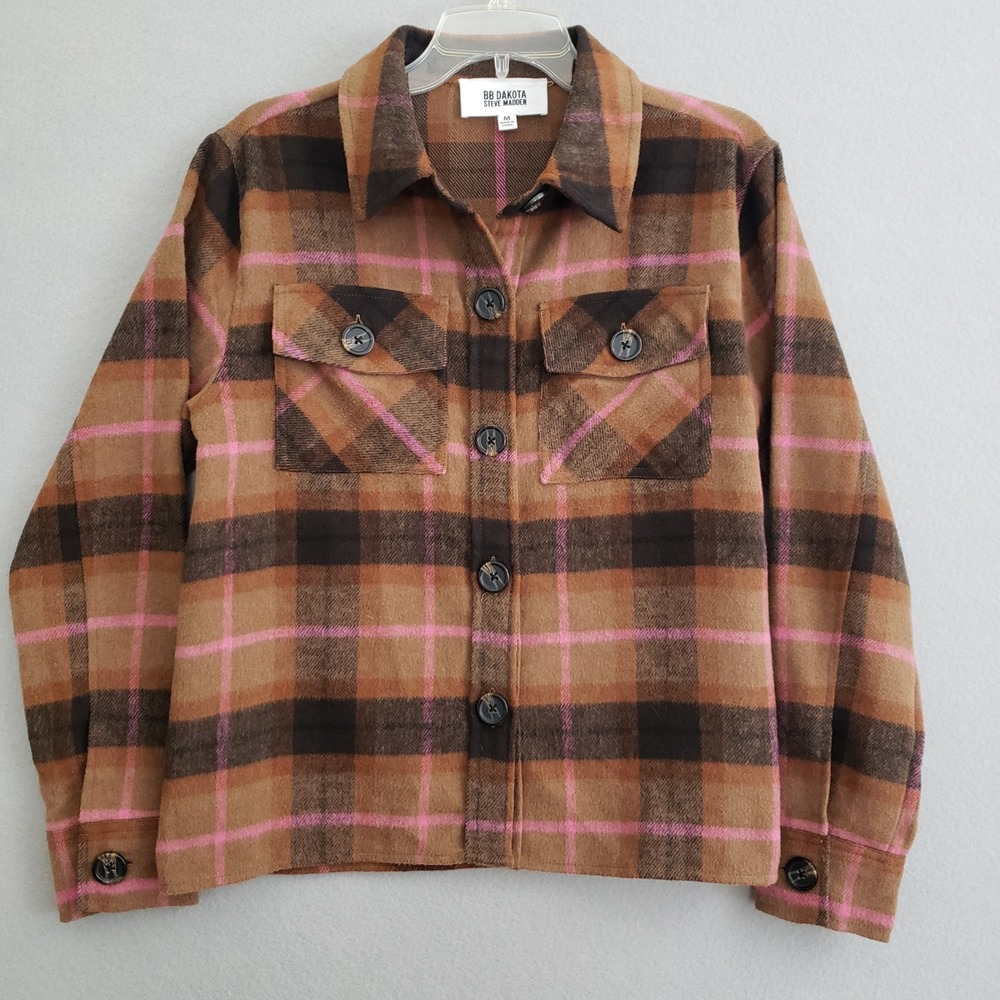 BB Dakota Steve Madden Boxy Shacket Brown Pink Plaid Button Front MSRP $119 NWOT